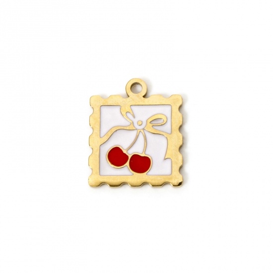 Picture of 2 PCs Eco-friendly PVD Vacuum Plating 304 Stainless Steel Flora Collection Charms 14K Real Gold Plated Red Square Cherry Fruit Enamel 19.5mm x 16.5mm