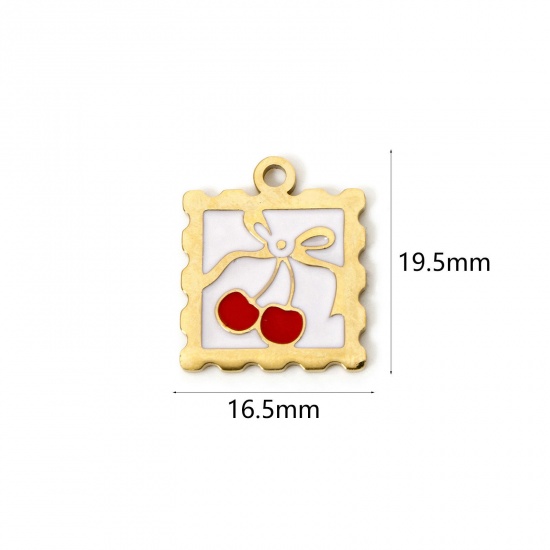 Picture of 2 PCs Eco-friendly PVD Vacuum Plating 304 Stainless Steel Flora Collection Charms 14K Real Gold Plated Red Square Cherry Fruit Enamel 19.5mm x 16.5mm