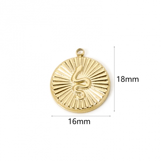 Picture of 1 Piece Eco-friendly PVD Vacuum Plating 304 Stainless Steel Charms 14K Real Gold Plated Round Disc Snake 18mm x 16mm