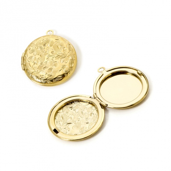 Image de 1 Pièce Pendentif Porte-Photo en 304 Acier Inoxydable Revêtement sous Vide PVD Respectueux de l'Environnement Rond Plaqué Or Véritable 14K Fleurs 3.1cm x 2.7cm