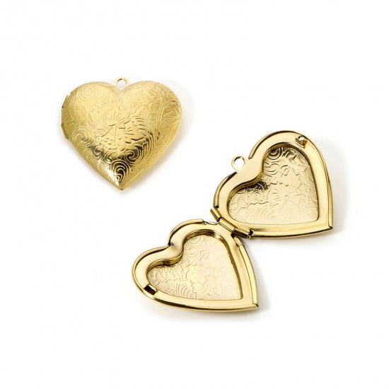 Image de 1 Pièce Pendentif Porte-Photo en 304 Acier Inoxydable Revêtement sous Vide PVD Respectueux de l'Environnement Cœur Plaqué Or Véritable 14K Fleurs 29mm x 29mm