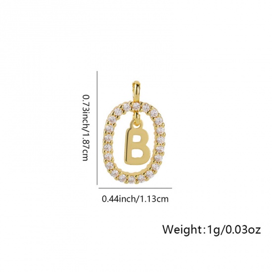 Image de 1 Pièce Breloques Micro Pave en Laiton Ovale Plaqué Or 18K Alphabet Initial/ Lettre Majuscule Mots" B " Creux à Zircone Cubique Clair 18.7mm x 11.3mm