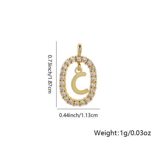 Image de 1 Pièce Breloques Micro Pave en Laiton Ovale Plaqué Or 18K Alphabet Initial/ Lettre Majuscule Mots" C " Creux à Zircone Cubique Clair 18.7mm x 11.3mm