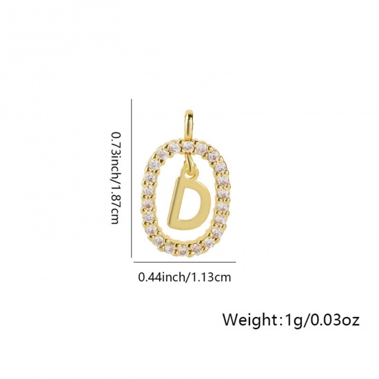 Image de 1 Pièce Breloques Micro Pave en Laiton Ovale Plaqué Or 18K Alphabet Initial/ Lettre Majuscule Mots" D " Creux à Zircone Cubique Clair 18.7mm x 11.3mm