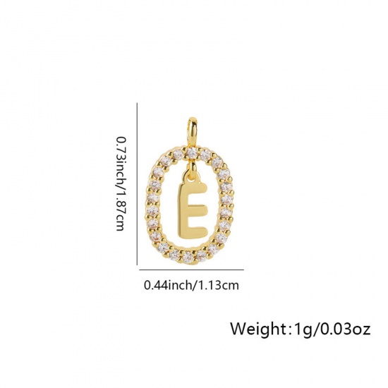 Image de 1 Pièce Breloques Micro Pave en Laiton Ovale Plaqué Or 18K Alphabet Initial/ Lettre Majuscule Mots" E " Creux à Zircone Cubique Clair 18.7mm x 11.3mm