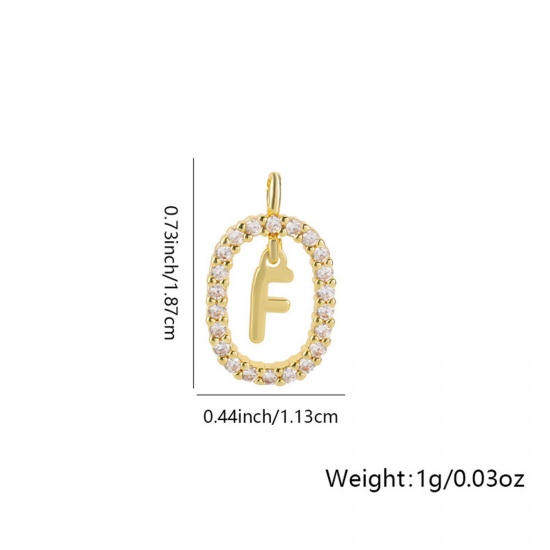 Image de 1 Pièce Breloques Micro Pave en Laiton Ovale Plaqué Or 18K Alphabet Initial/ Lettre Majuscule Mots" F " Creux à Zircone Cubique Clair 18.7mm x 11.3mm
