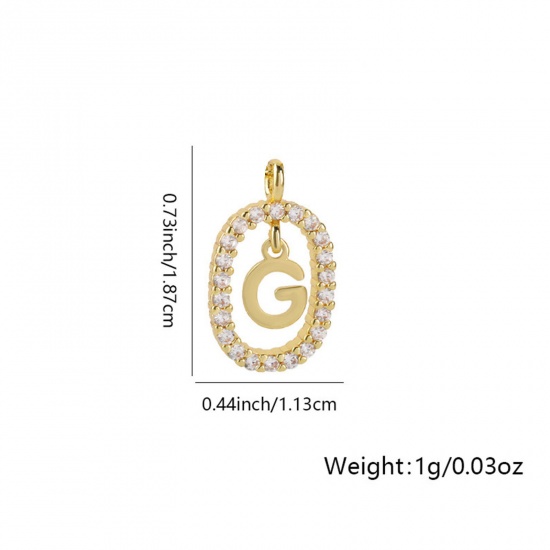Image de 1 Pièce Breloques Micro Pave en Laiton Ovale Plaqué Or 18K Alphabet Initial/ Lettre Majuscule Mots" G " Creux à Zircone Cubique Clair 18.7mm x 11.3mm