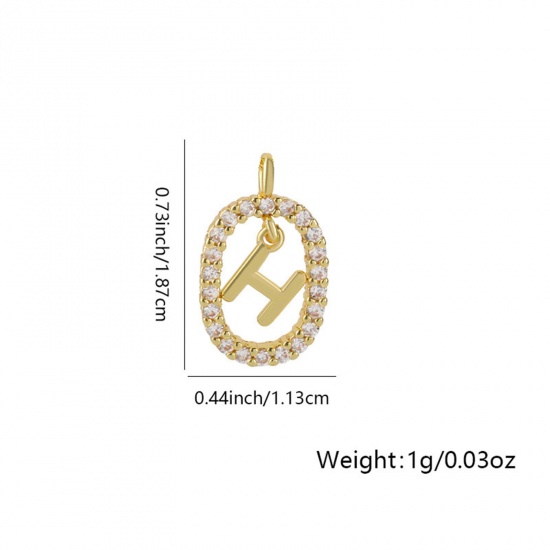 Image de 1 Pièce Breloques Micro Pave en Laiton Ovale Plaqué Or 18K Alphabet Initial/ Lettre Majuscule Mots" H " Creux à Zircone Cubique Clair 18.7mm x 11.3mm