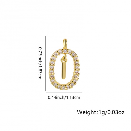 Image de 1 Pièce Breloques Micro Pave en Laiton Ovale Plaqué Or 18K Alphabet Initial/ Lettre Majuscule Mots" I " Creux à Zircone Cubique Clair 18.7mm x 11.3mm