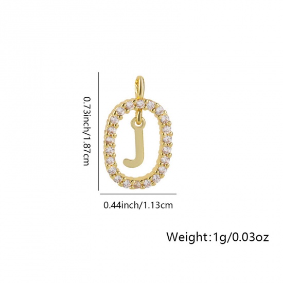 Image de 1 Pièce Breloques Micro Pave en Laiton Ovale Plaqué Or 18K Alphabet Initial/ Lettre Majuscule Mots" J " Creux à Zircone Cubique Clair 18.7mm x 11.3mm