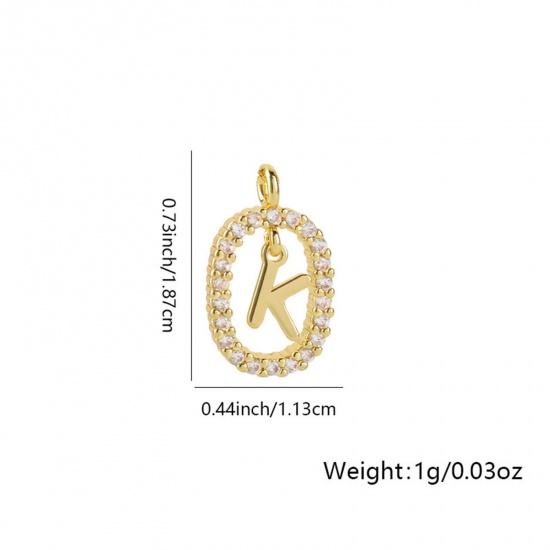 Image de 1 Pièce Breloques Micro Pave en Laiton Ovale Plaqué Or 18K Alphabet Initial/ Lettre Majuscule Mots" K " Creux à Zircone Cubique Clair 18.7mm x 11.3mm