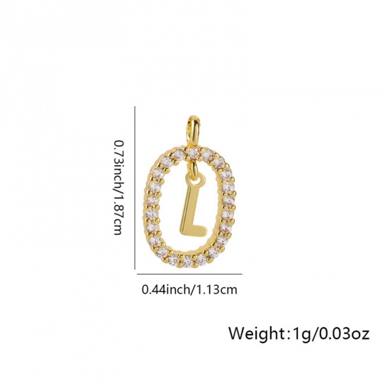 Image de 1 Pièce Breloques Micro Pave en Laiton Ovale Plaqué Or 18K Alphabet Initial/ Lettre Majuscule Mots" K " Creux à Zircone Cubique Clair 18.7mm x 11.3mm