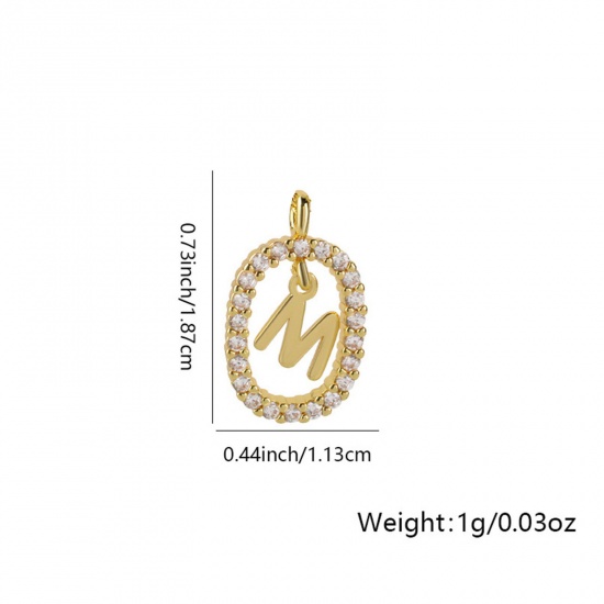 Image de 1 Pièce Breloques Micro Pave en Laiton Ovale Plaqué Or 18K Alphabet Initial/ Lettre Majuscule Mots" M " Creux à Zircone Cubique Clair 18.7mm x 11.3mm