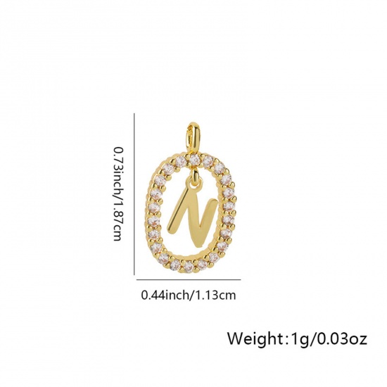 Image de 1 Pièce Breloques Micro Pave en Laiton Ovale Plaqué Or 18K Alphabet Initial/ Lettre Majuscule Mots" N " Creux à Zircone Cubique Clair 18.7mm x 11.3mm