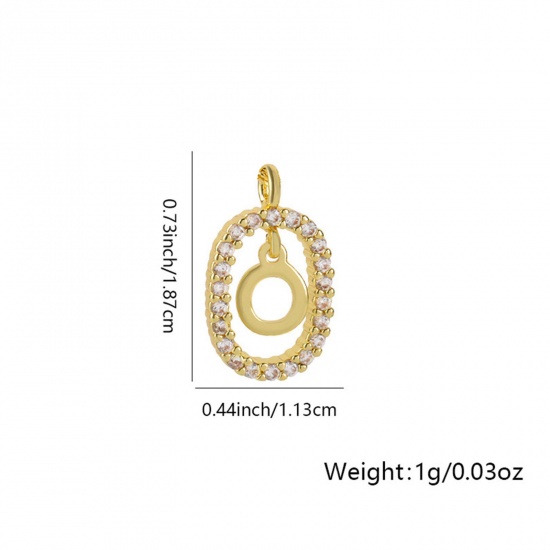 Image de 1 Pièce Breloques Micro Pave en Laiton Ovale Plaqué Or 18K Alphabet Initial/ Lettre Majuscule Mots" O " Creux à Zircone Cubique Clair 18.7mm x 11.3mm