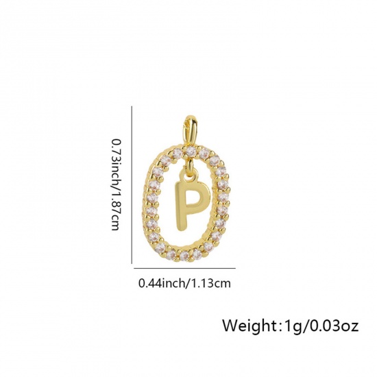 Image de 1 Pièce Breloques Micro Pave en Laiton Ovale Plaqué Or 18K Alphabet Initial/ Lettre Majuscule Mots" P " Creux à Zircone Cubique Clair 18.7mm x 11.3mm