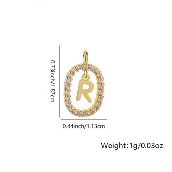Image de 1 Pièce Breloques Micro Pave en Laiton Ovale Plaqué Or 18K Alphabet Initial/ Lettre Majuscule Mots" R " Creux à Zircone Cubique Clair 18.7mm x 11.3mm
