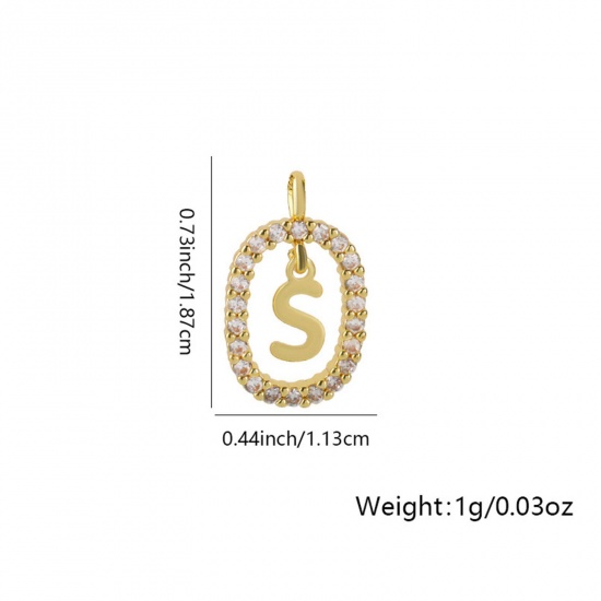 Image de 1 Pièce Breloques Micro Pave en Laiton Ovale Plaqué Or 18K Alphabet Initial/ Lettre Majuscule Mots" S " Creux à Zircone Cubique Clair 18.7mm x 11.3mm