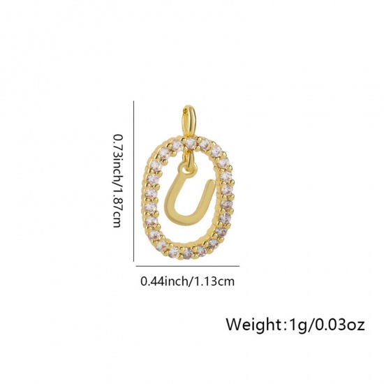 Image de 1 Pièce Breloques Micro Pave en Laiton Ovale Plaqué Or 18K Alphabet Initial/ Lettre Majuscule Mots" U " Creux à Zircone Cubique Clair 18.7mm x 11.3mm