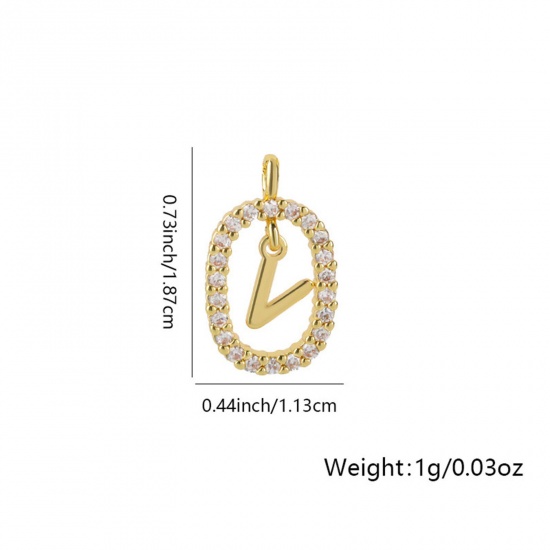 Image de 1 Pièce Breloques Micro Pave en Laiton Ovale Plaqué Or 18K Alphabet Initial/ Lettre Majuscule Mots" V " Creux à Zircone Cubique Clair 18.7mm x 11.3mm