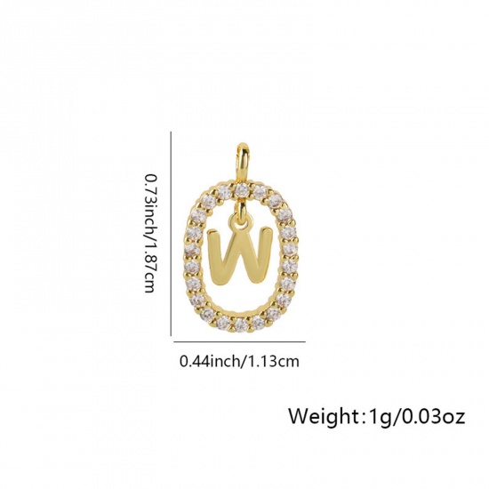 Image de 1 Pièce Breloques Micro Pave en Laiton Ovale Plaqué Or 18K Alphabet Initial/ Lettre Majuscule Mots" W " Creux à Zircone Cubique Clair 18.7mm x 11.3mm