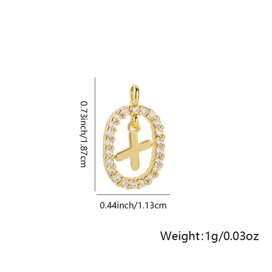 Image de 1 Pièce Breloques Micro Pave en Laiton Ovale Plaqué Or 18K Alphabet Initial/ Lettre Majuscule Mots" X " Creux à Zircone Cubique Clair 18.7mm x 11.3mm