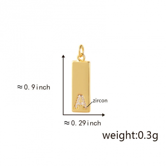 Изображение 1 Piece Brass Micro Pave Charms 18K Gold Plated Rectangle Capital Alphabet Initial Letter Message " A " Clear Cubic Zirconia 22.9mm x 7.4mm