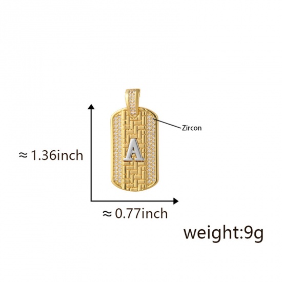 Изображение 1 Piece Brass Micro Pave Pendants 18K Gold Plated & Platinum Plated Two Tone Rectangle Capital Alphabet Initial Letter Message " A " Clear Cubic Zirconia 3.5cm x 2cm