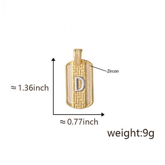 Изображение 1 Piece Brass Micro Pave Pendants 18K Gold Plated & Platinum Plated Two Tone Rectangle Capital Alphabet Initial Letter Message " D " Clear Cubic Zirconia 3.5cm x 2cm