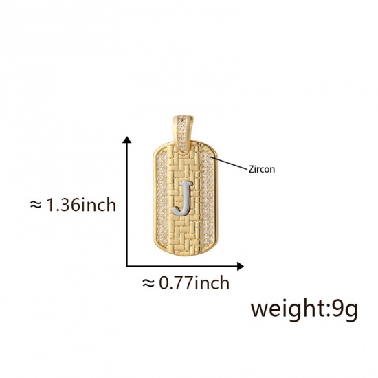 Изображение 1 Piece Brass Micro Pave Pendants 18K Gold Plated & Platinum Plated Two Tone Rectangle Capital Alphabet Initial Letter Message " J " Clear Cubic Zirconia 3.5cm x 2cm