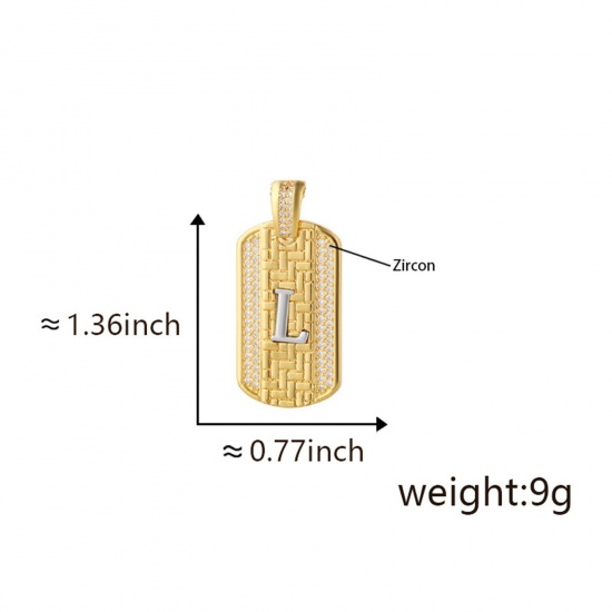 Изображение 1 Piece Brass Micro Pave Pendants 18K Gold Plated & Platinum Plated Two Tone Rectangle Capital Alphabet Initial Letter Message " L " Clear Cubic Zirconia 3.5cm x 2cm