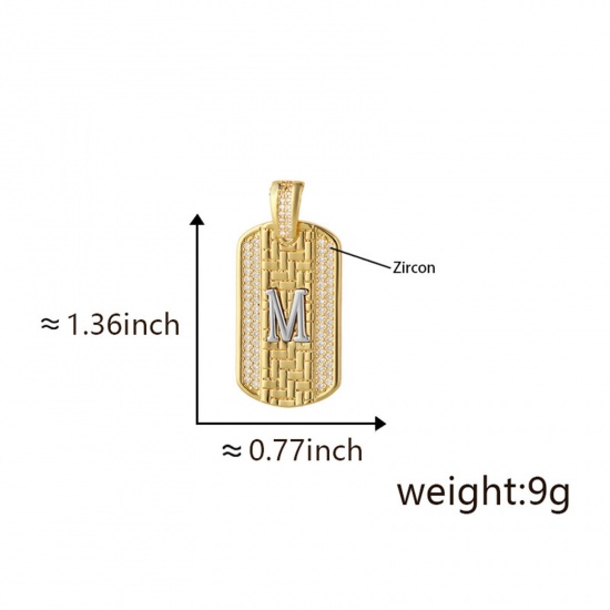 Изображение 1 Piece Brass Micro Pave Pendants 18K Gold Plated & Platinum Plated Two Tone Rectangle Capital Alphabet Initial Letter Message " M " Clear Cubic Zirconia 3.5cm x 2cm