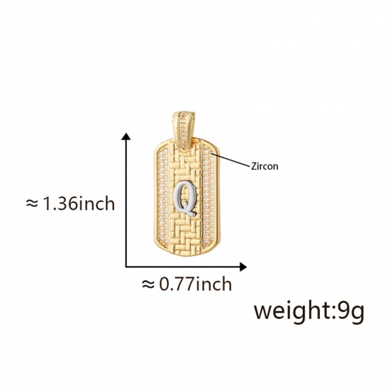 Изображение 1 Piece Brass Micro Pave Pendants 18K Gold Plated & Platinum Plated Two Tone Rectangle Capital Alphabet Initial Letter Message " Q " Clear Cubic Zirconia 3.5cm x 2cm