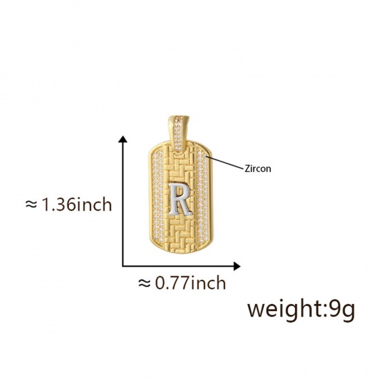 Изображение 1 Piece Brass Micro Pave Pendants 18K Gold Plated & Platinum Plated Two Tone Rectangle Capital Alphabet Initial Letter Message " R " Clear Cubic Zirconia 3.5cm x 2cm