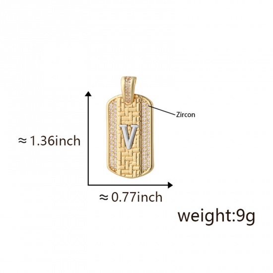 Изображение 1 Piece Brass Micro Pave Pendants 18K Gold Plated & Platinum Plated Two Tone Rectangle Capital Alphabet Initial Letter Message " V " Clear Cubic Zirconia 3.5cm x 2cm