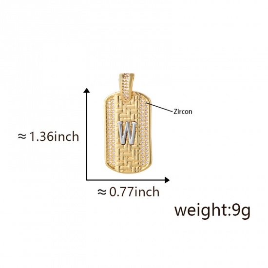 Изображение 1 Piece Brass Micro Pave Pendants 18K Gold Plated & Platinum Plated Two Tone Rectangle Capital Alphabet Initial Letter Message " W " Clear Cubic Zirconia 3.5cm x 2cm