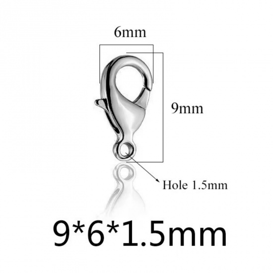 Picture of 1 Packet ( 100 PCs/Packet) 304 Stainless Steel Lobster Clasp Findings Silver Tone Polished 9mm x 6mm