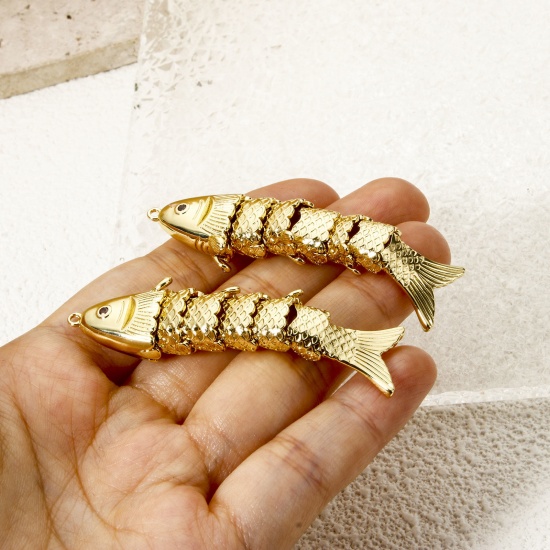 Picture of 1 Piece Eco-friendly Brass Ocean Jewelry Pendants 18K Real Gold Plated Fish Animal Movable 63mm x 16mm