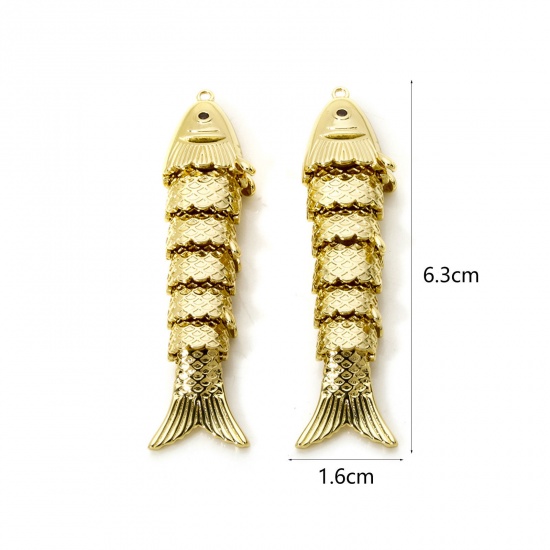 Picture of 1 Piece Eco-friendly Brass Ocean Jewelry Pendants 18K Real Gold Plated Fish Animal Movable 63mm x 16mm