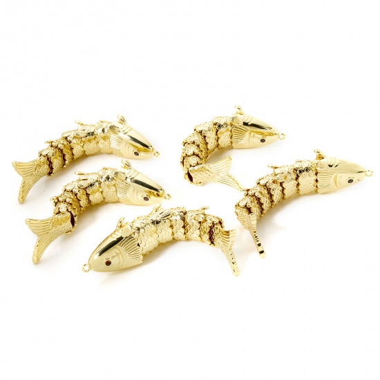 Picture of 1 Piece Eco-friendly Brass Ocean Jewelry Pendants 18K Real Gold Plated Fish Animal Movable 63mm x 16mm