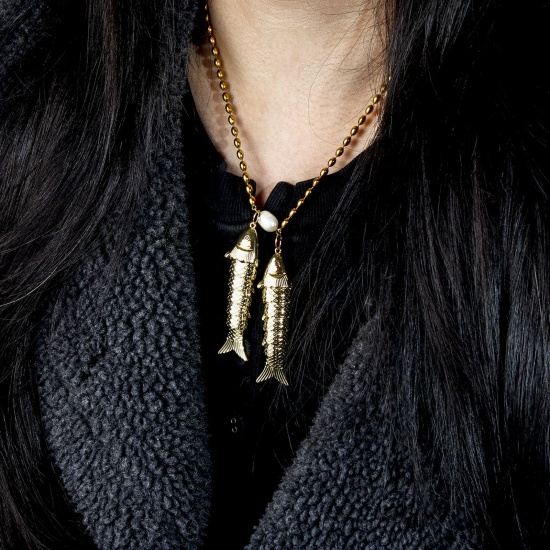 Picture of 1 Piece Eco-friendly Brass Ocean Jewelry Pendants 18K Real Gold Plated Fish Animal Movable 63mm x 16mm