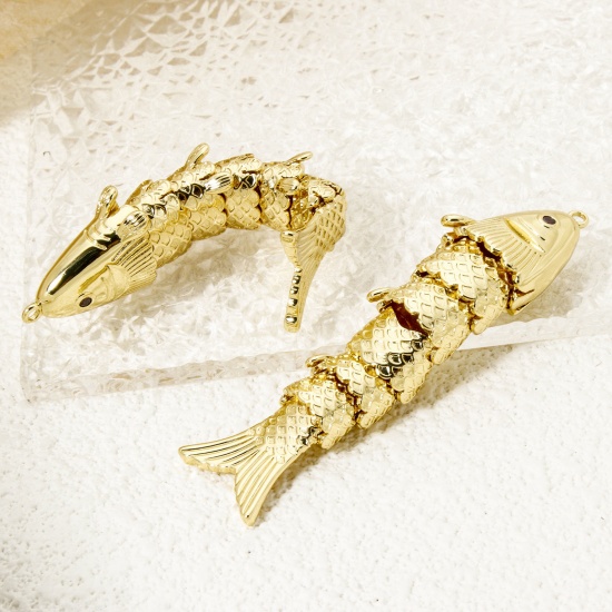Picture of 1 Piece Eco-friendly Brass Ocean Jewelry Pendants 18K Real Gold Plated Fish Animal Movable 63mm x 16mm