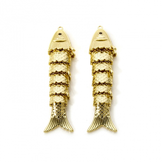 Picture of 1 Piece Eco-friendly Brass Ocean Jewelry Pendants 18K Real Gold Plated Fish Animal Movable 63mm x 16mm