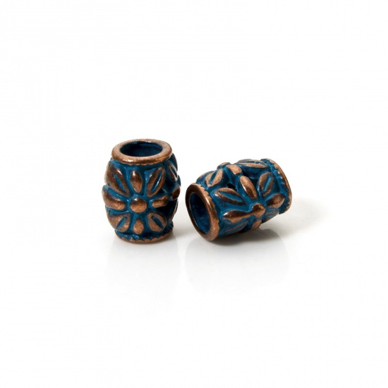 Immagine di 20 PCs Zinc Based Alloy Patina Spacer Beads For DIY Jewelry Making Antique Copper Blue Drum Flower About 11mm x 10mm, Hole: Approx 4.5mm