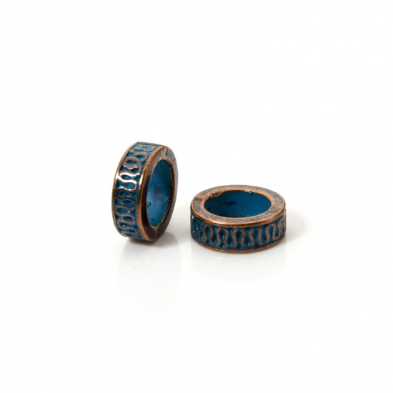 Immagine di 20 PCs Zinc Based Alloy Patina Spacer Beads For DIY Jewelry Making Antique Copper Blue Round Wave About 11mm Dia., Hole: Approx 7mm