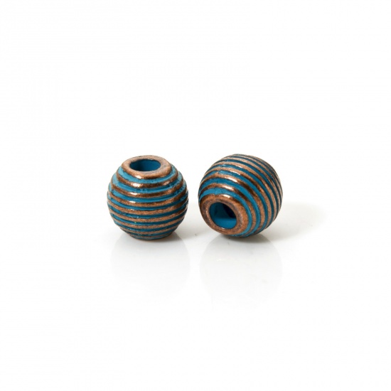 Immagine di 20 PCs Zinc Based Alloy Patina Spacer Beads For DIY Jewelry Making Antique Copper Blue Drum Stripe About 9.5mm x 8.5mm, Hole: Approx 3.2mm