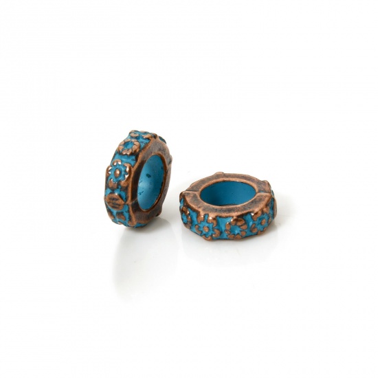 Immagine di 20 PCs Zinc Based Alloy Patina Spacer Beads For DIY Jewelry Making Antique Copper Blue Round Flower About 10mm Dia., Hole: Approx 5.5mm