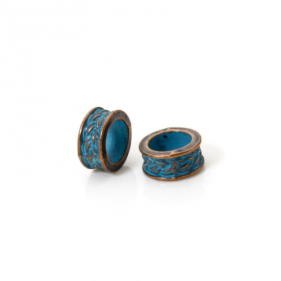 Immagine di 20 PCs Zinc Based Alloy Patina Spacer Beads For DIY Jewelry Making Antique Copper Blue Round Texture About 9mm Dia., Hole: Approx 5.8mm