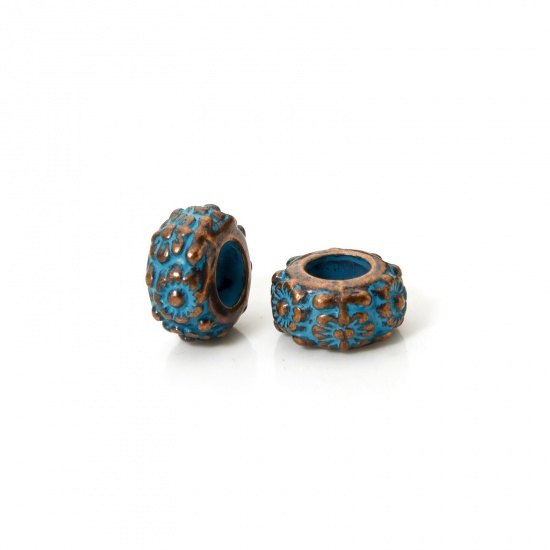 Immagine di 20 PCs Zinc Based Alloy Patina Spacer Beads For DIY Jewelry Making Antique Copper Blue Abacus Flower About 11mm x 6mm, Hole: Approx 4.8mm