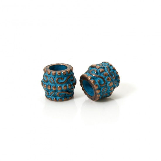 Immagine di 20 PCs Zinc Based Alloy Patina Spacer Beads For DIY Jewelry Making Antique Copper Blue Drum S Pattern About 10mm x 9mm, Hole: Approx 4.8mm